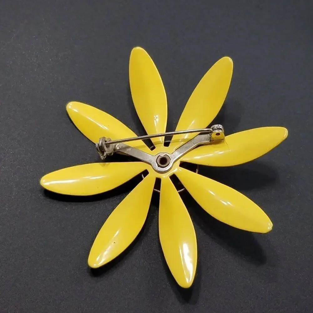 Vintage 1960s Yellow Enamel Daisy Flower Brooch Orange Center Mod Pin Jewelry